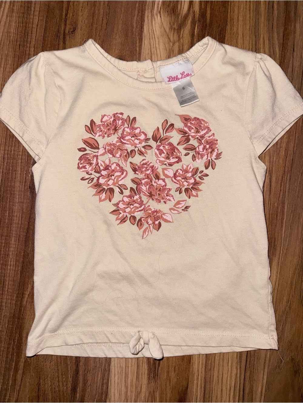 Little Lass Cream Tee with Pink Floral Heart and Front Tie